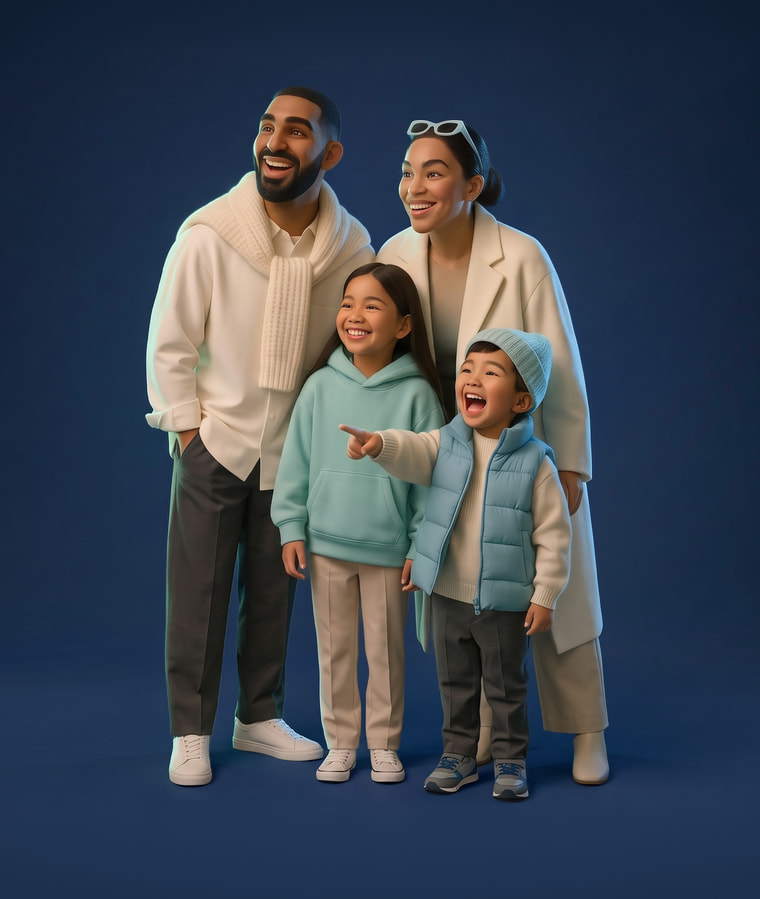 AI-generated illustration of a family of four, laughing and looking toward the left